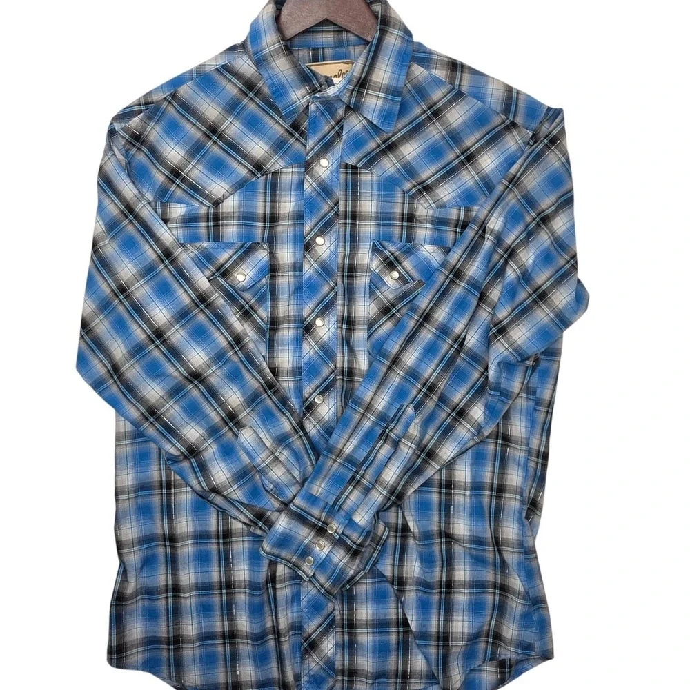 Wrangler Mens Western Snap Shirt Blue Plaid Metallic Thread Long Sleeve Medium